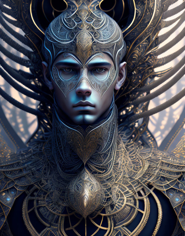 Intricate metallic gold patterns on person's face and shoulders.