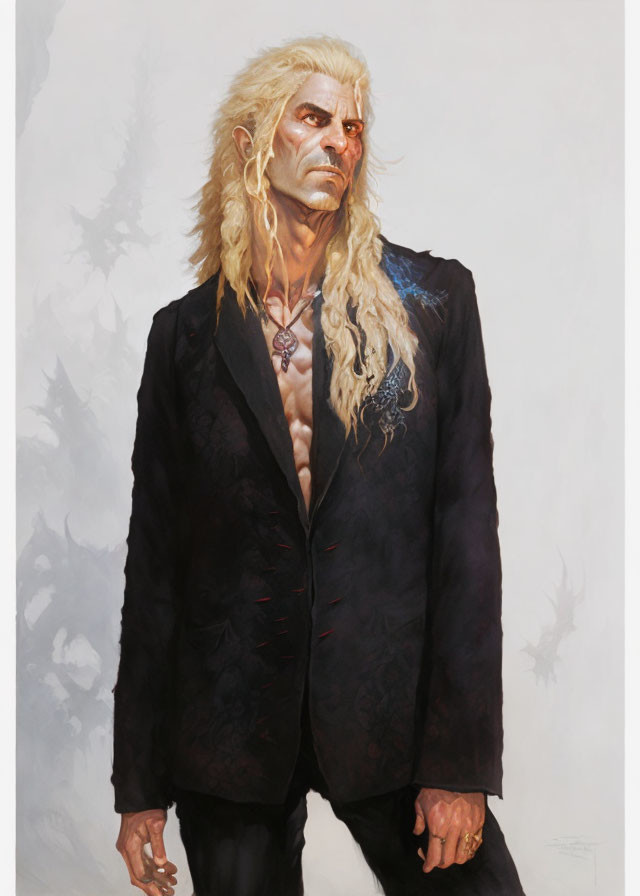 Illustration of stern-faced male with long blonde hair in black suit against forest backdrop