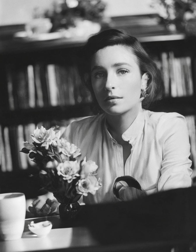 Monochrome portrait of woman with short hair at table with bouquet, books, and teacup