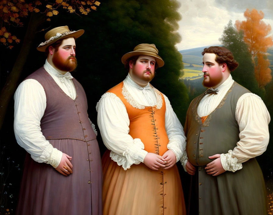 Three robust individuals in 19th-century attire outdoors with autumnal trees in the backdrop