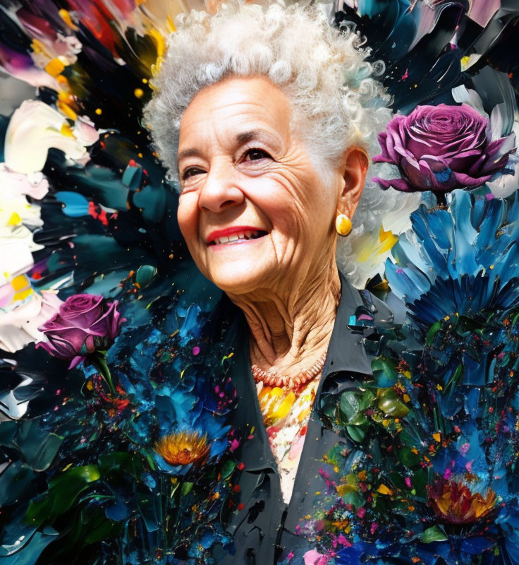 Elderly Woman with White Curly Hair and Floral Artwork