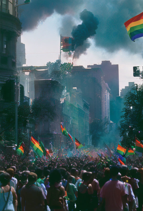 Crowd with Rainbow Flags on Street with Rising Smoke