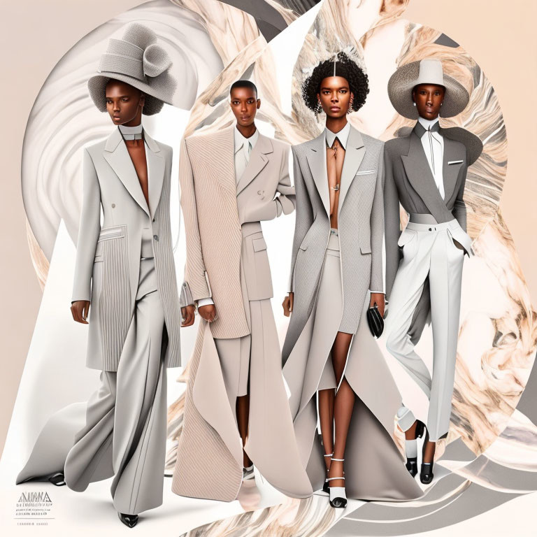 Elegant fashion models in neutral-toned suits with stylish hats on creamy beige backdrop