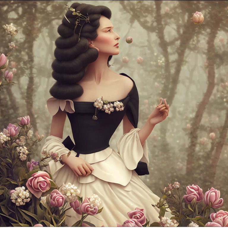 Vintage dress woman surrounded by roses and orbs in mystical forest.