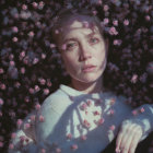 Freckled woman surrounded by pink blossoms in floral blouse