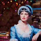 Portrait of Woman in Blue Dress with Headpiece and Book Backdrop