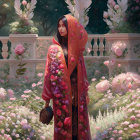 Woman in floral-patterned shawl surrounded by blossoming garden