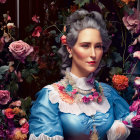 White-Haired Person in Blue Ruffled Dress with Pearl Necklace Among Pink Blossoms