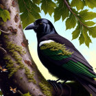 Vintage-clad woman with colorful raven in nature setting