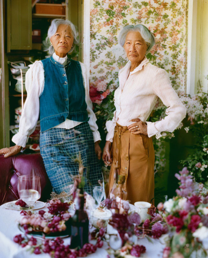 Elderly Women in Vintage Room with Floral Arrangements