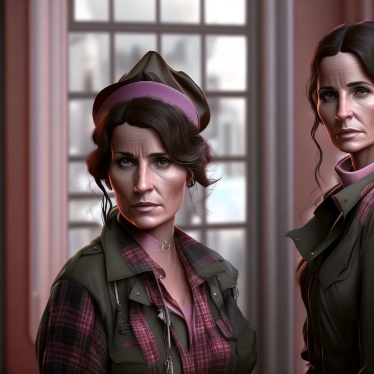 Two women in military-style outfits with worried expressions by a window indoors.