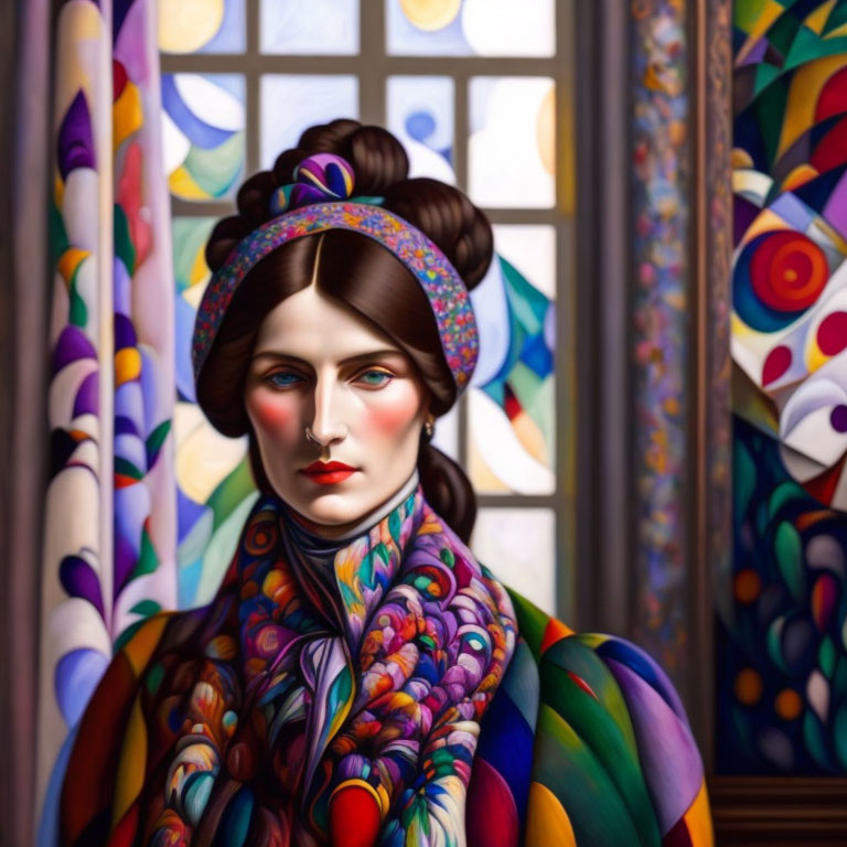 Stylized portrait of woman with intricate patterns against stained glass window