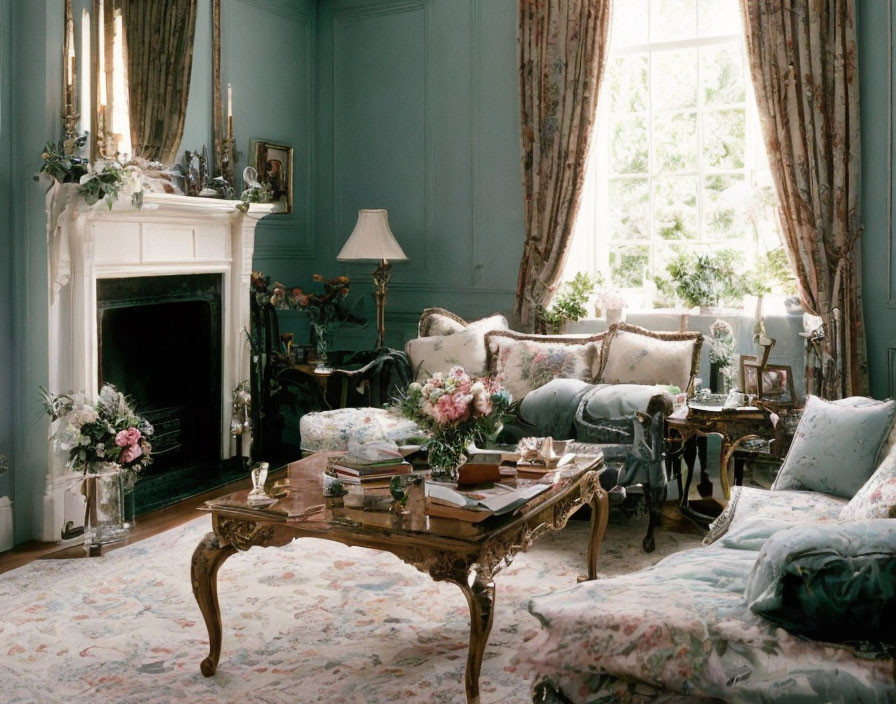 Vintage Room with Floral Sofas, Wooden Table, Ornate Lamp, White Fireplace, & Large Windows