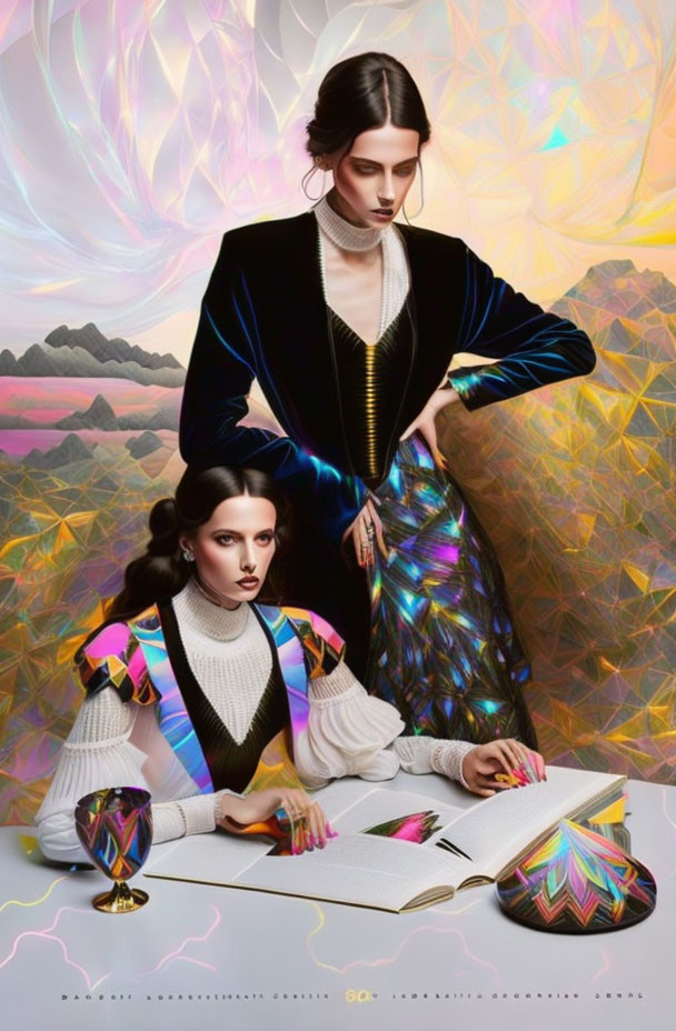 Two women in futuristic fashion in surreal setting with prismatic effects