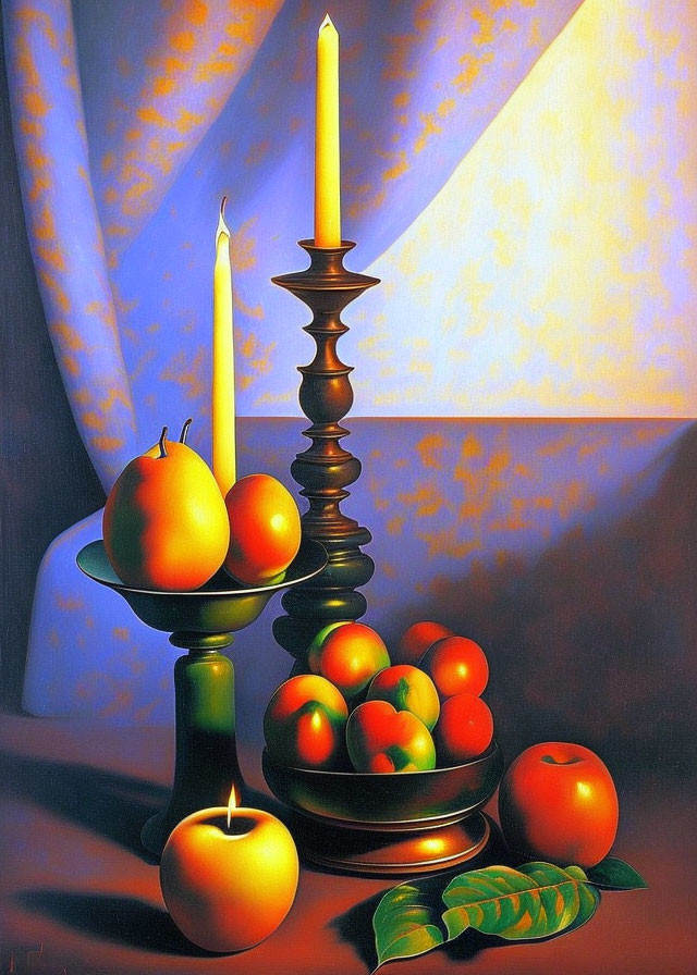 Classic Still Life Painting with Candles, Fruits, and Leaves