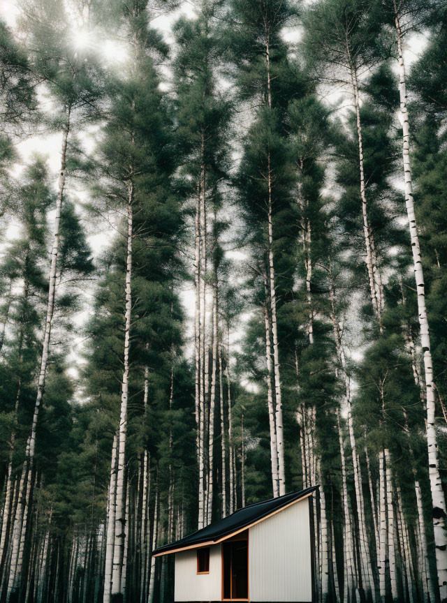 White Exterior Small Cabin in Pine Forest