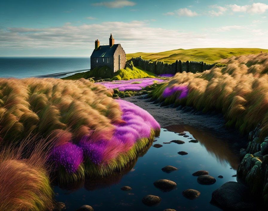 Tranquil landscape: lone house on grassy cliff, purple wildflowers, golden grasses,