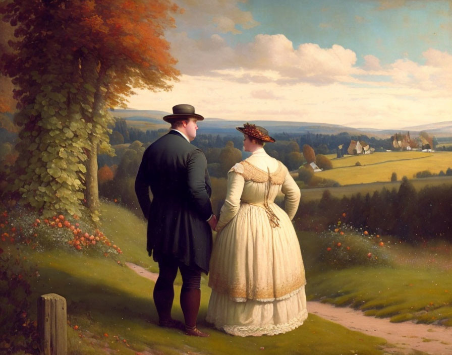 Man and woman in 19th-century attire in lush landscape with trees and hills.