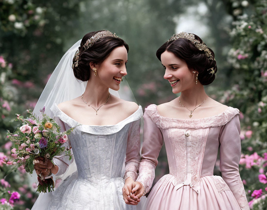 Vintage Wedding Attire: Two Women Smiling Amidst Blooming Flowers