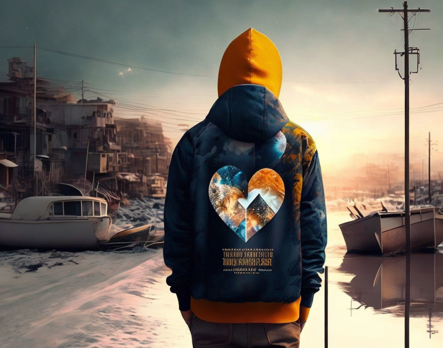 Person in yellow hooded jacket gazes at snowy docked boats and buildings under dramatic sky