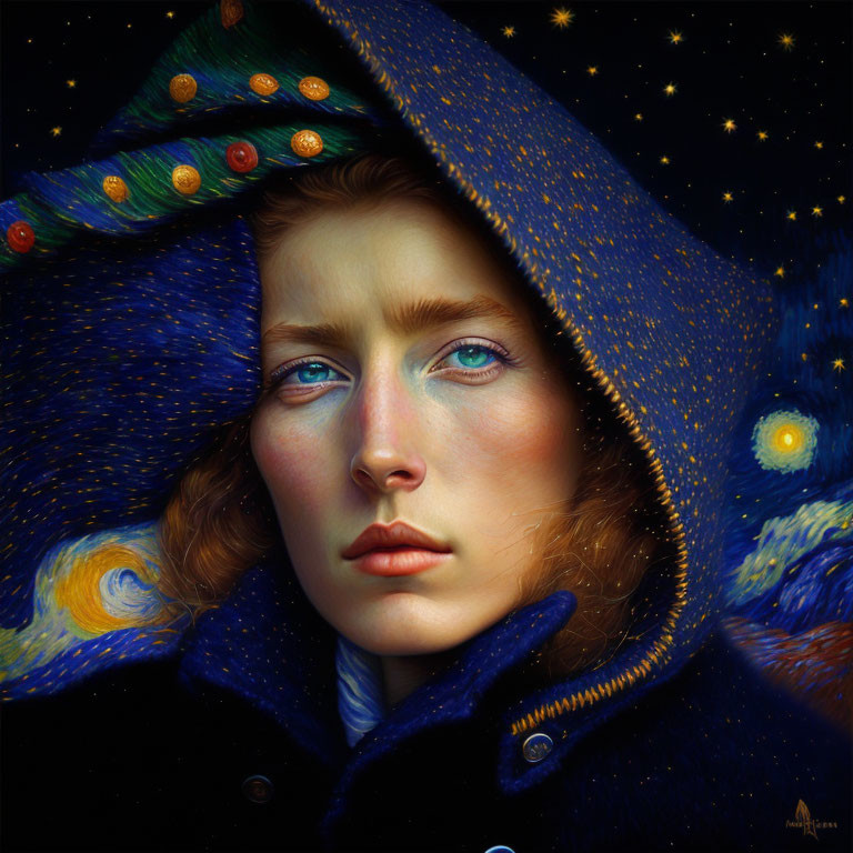 Blue-eyed person in cosmos-patterned cloak - Van Gogh style