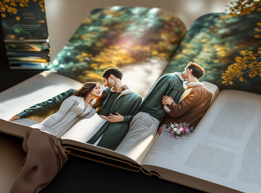 Creative Photoshoot: Two People Merge with Open Book in Autumn Setting