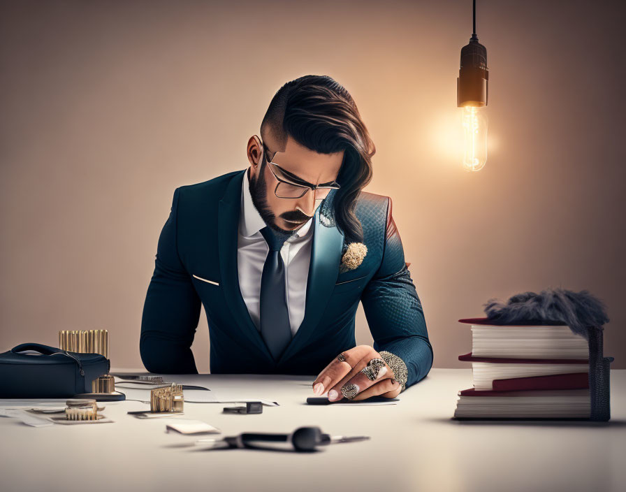 Bearded man in green suit working at desk with books and vintage lamp