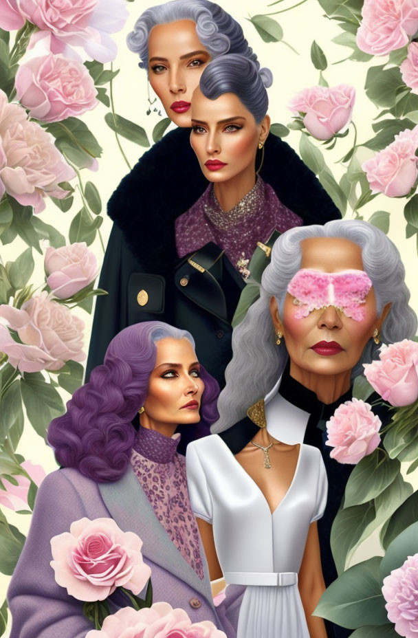 Four stylish women with purple hair in diverse hairstyles and fashionable attire among pink roses.