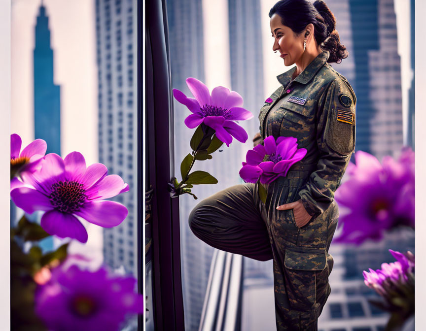 Smiling woman in military uniform by window with pink flowers and cityscape.