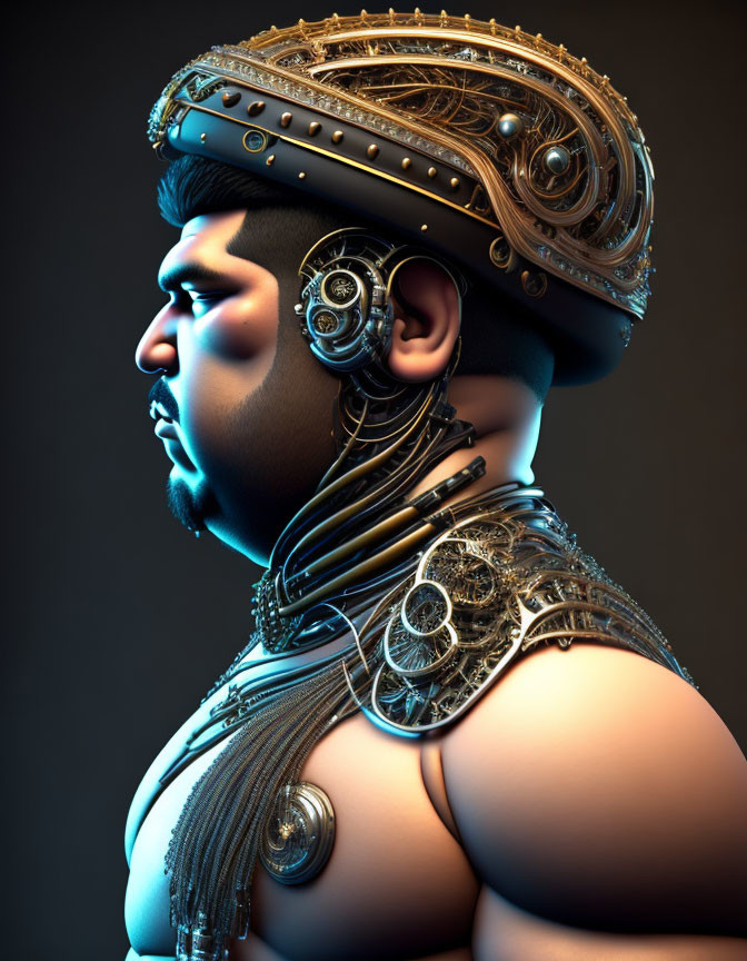 Digital art male character with elaborate golden headgear and shoulder armor on dark background