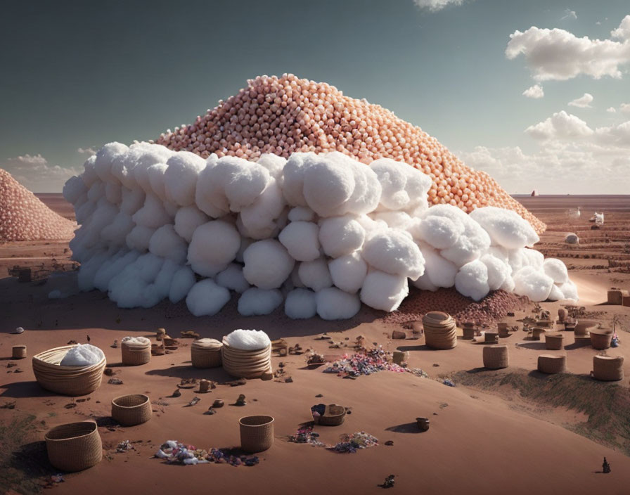 Surreal landscape with peach hills, white clouds, baskets, and debris