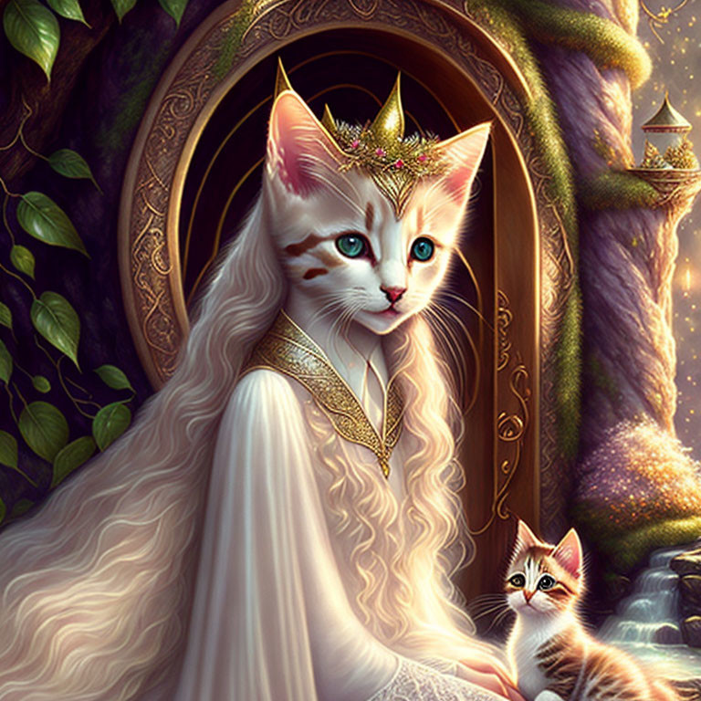 Regal cat in crown and robe with kitten in fantasy setting