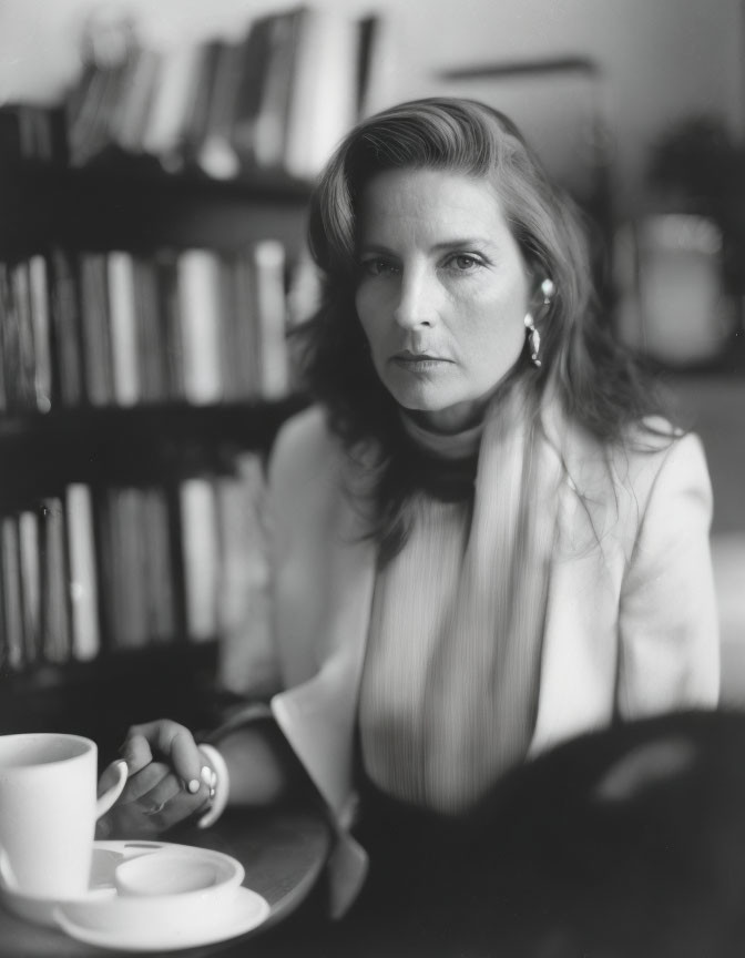 Monochrome portrait of woman with shoulder-length hair by bookshelf holding cup.