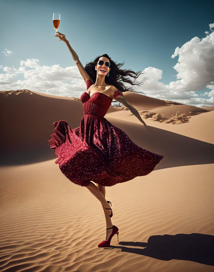 Woman in Red Dress Jumps on Desert Dune with Glass Raised