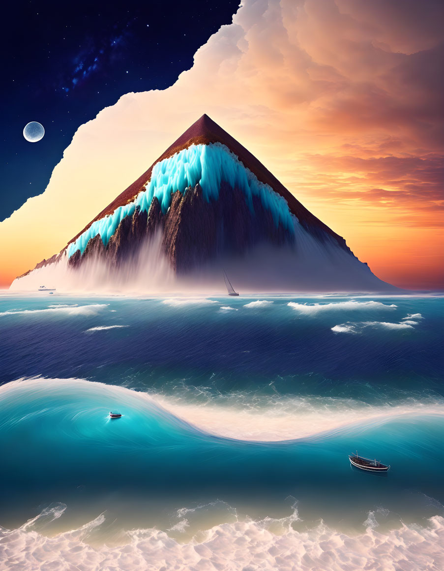 Surreal image: Pyramid-shaped mountain, snow-capped peaks, vibrant sea, boats, twilight