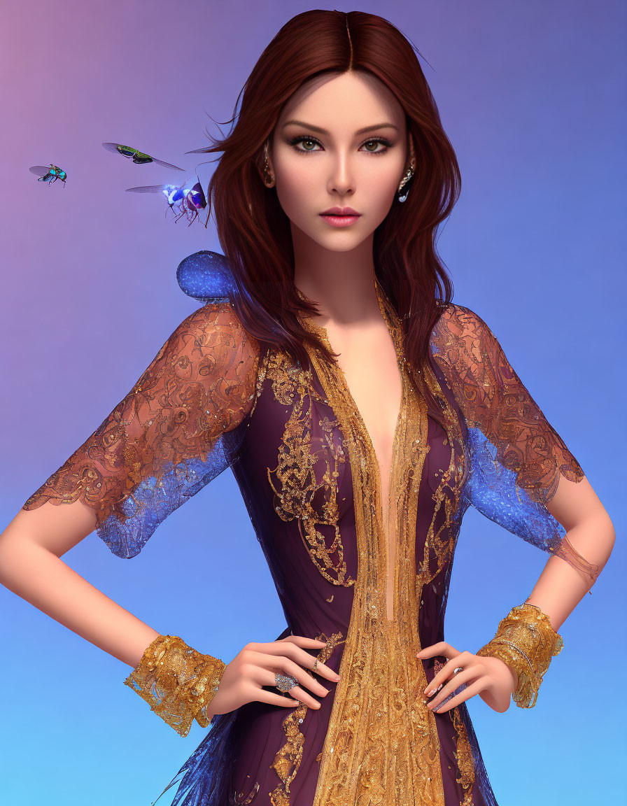 Digital portrait of woman with red hair in gold and purple dress with fairies in purple background