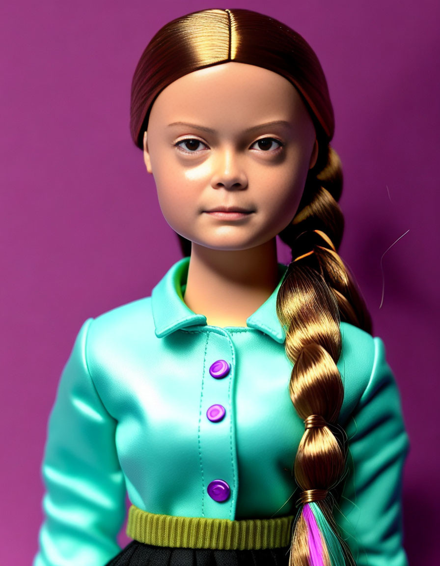 Brown-haired doll in braid and teal shirt on purple background