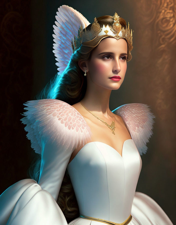 Serene woman with angel wings and crown in white gown radiates celestial grace