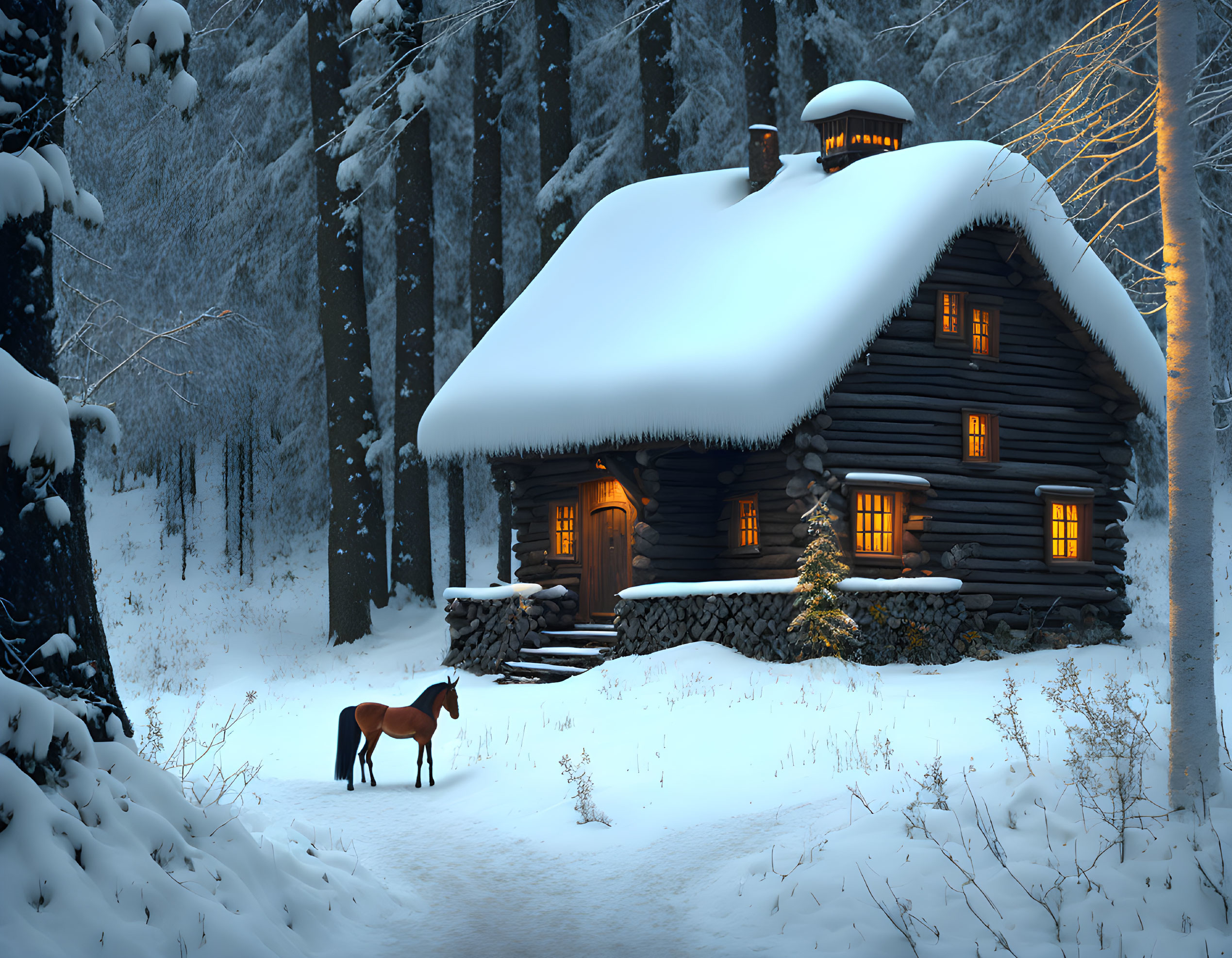 Snow-covered log cabin in serene winter forest with horse at dusk