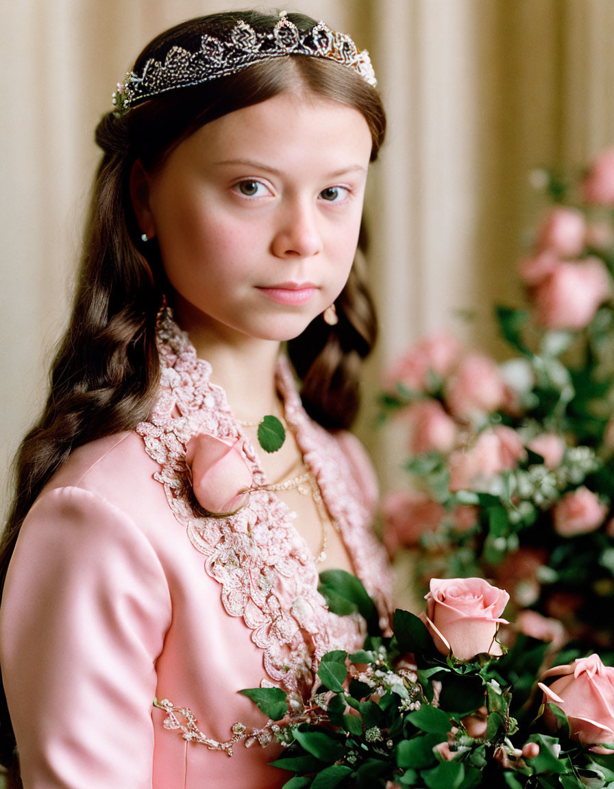 Young girl in pink vintage dress with lace, tiara, braids among pink roses.