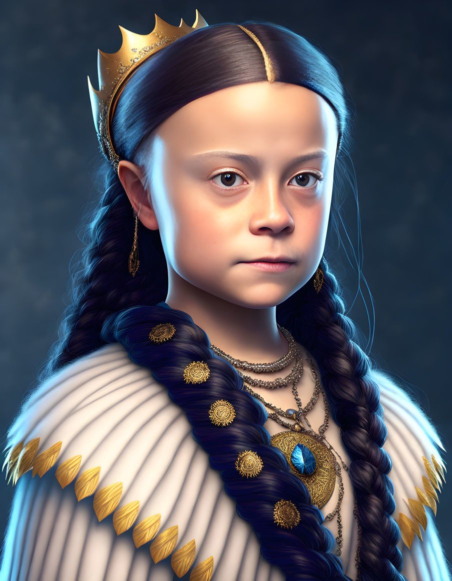 Young girl in royal attire with crown, braided hair, jeweled necklace, and fur cape