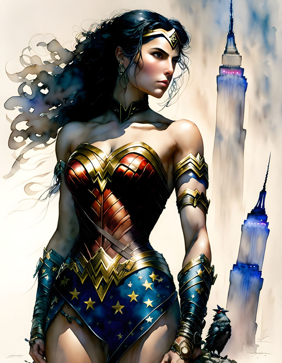 Wonder Woman in iconic armor with Empire State Building and raven.