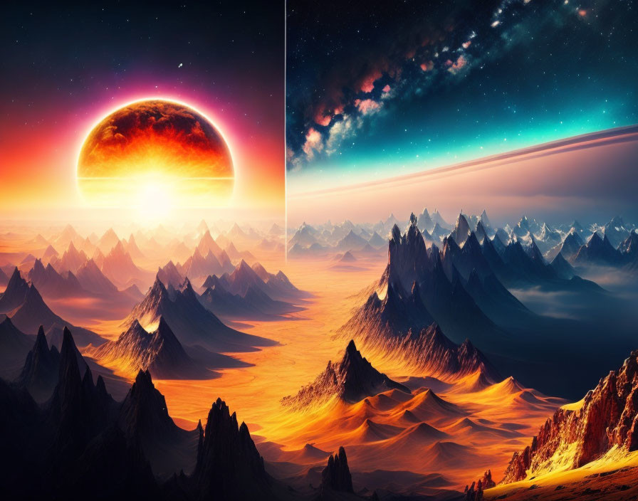 Surreal landscape with sharp peaks, golden dunes, and glowing planet