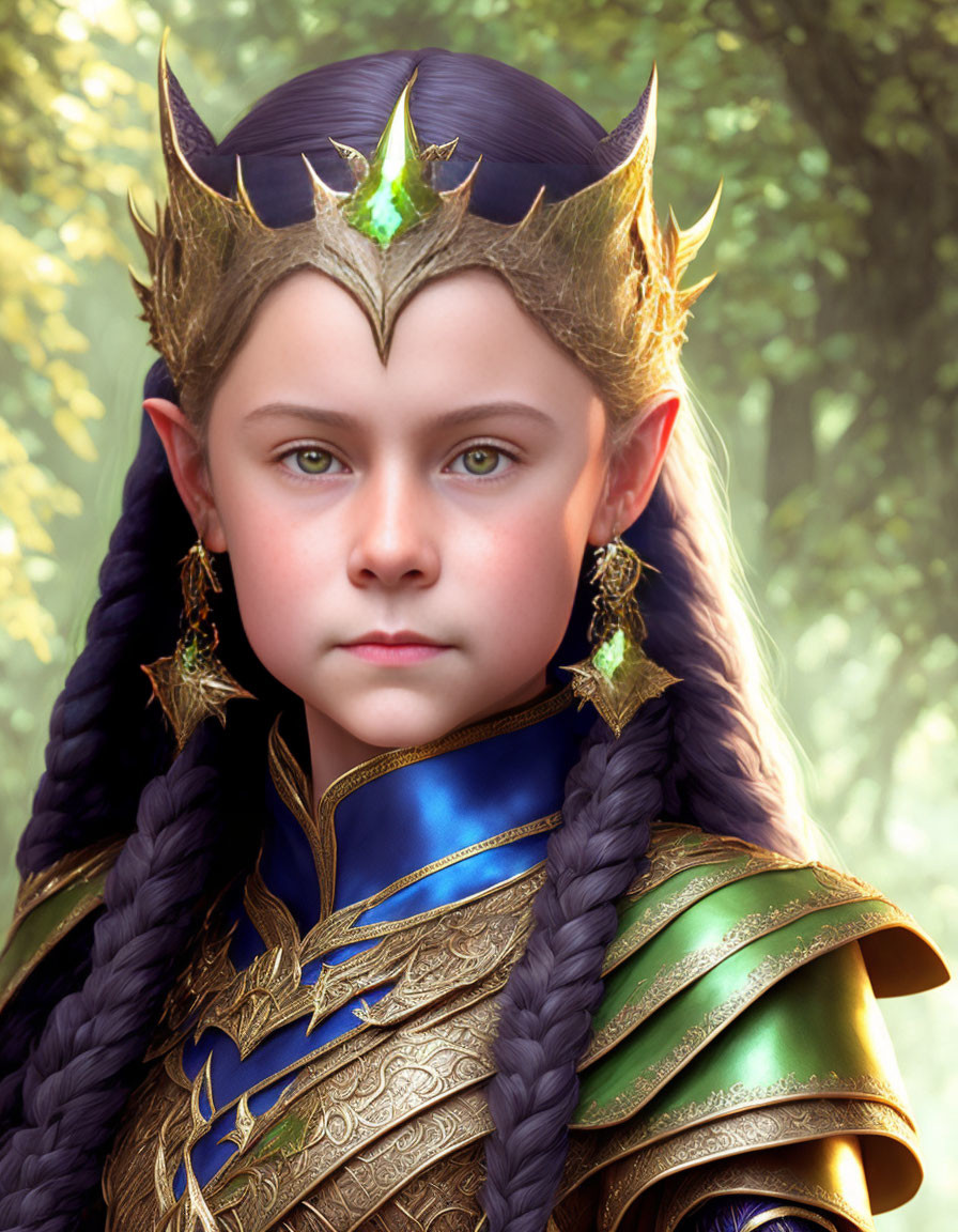 Child as fantasy elf queen with braided hair and armor in forest.