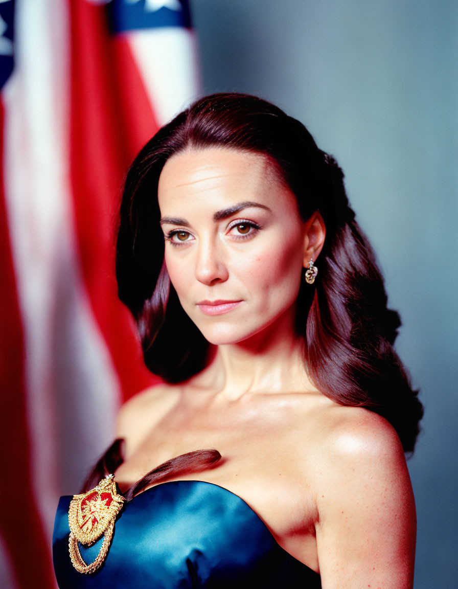 Woman with Dark Hair in Blue Dress with US Flag Background