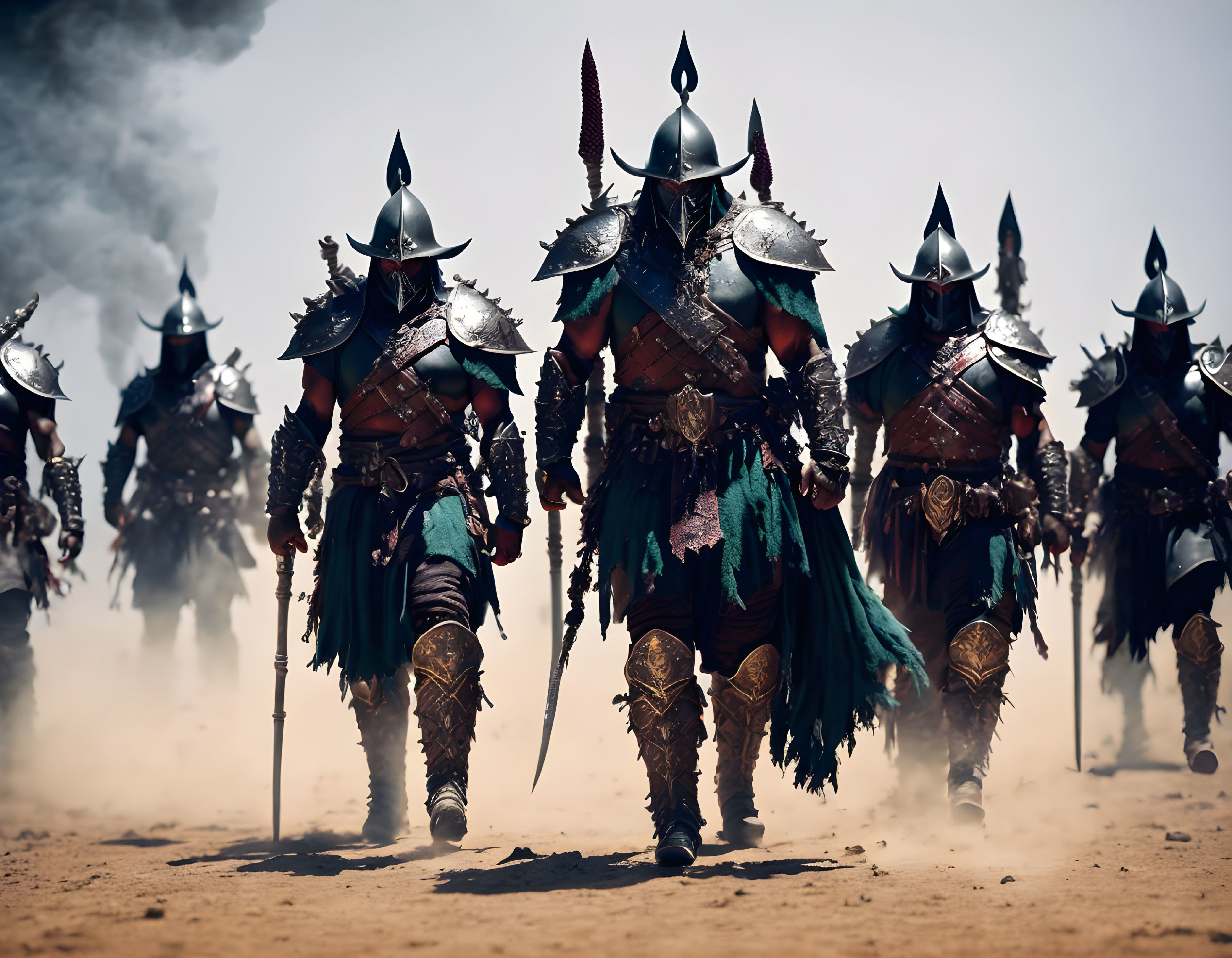 Armored warriors with spears and helmets in dusty landscape