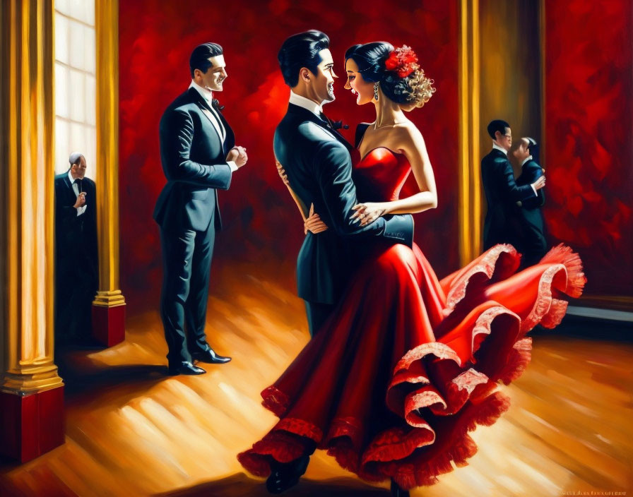 Luxurious ballroom scene: Elegant couple dancing, men in tuxedos watching