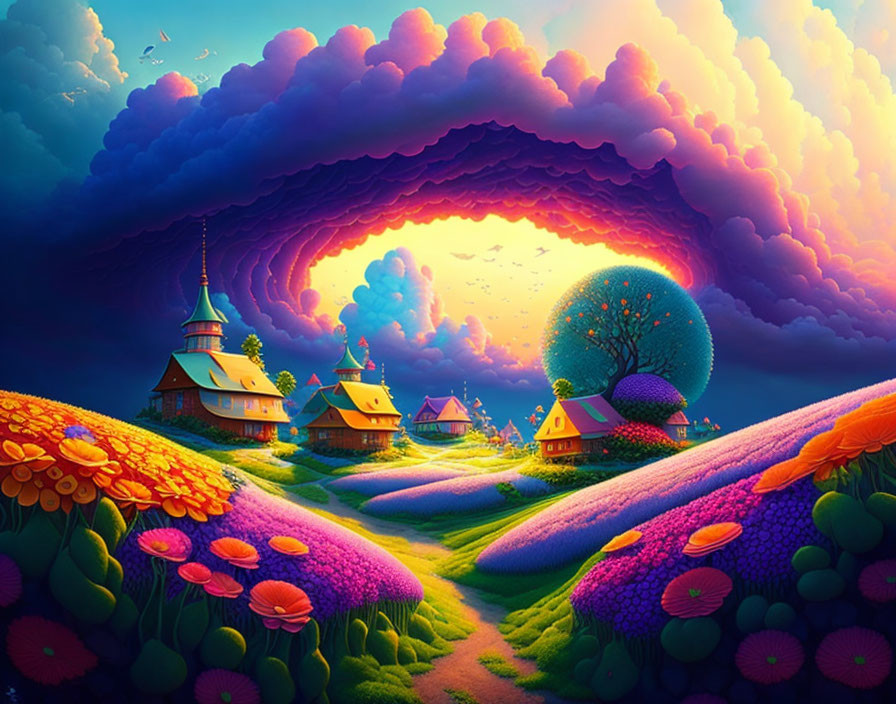 Colorful Fantasy Landscape with Whimsical Houses and Glowing Tree