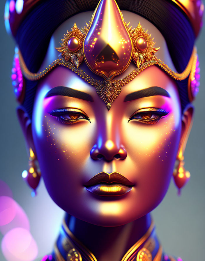 Stylized 3D woman with golden headdress and orange freckles on purple background