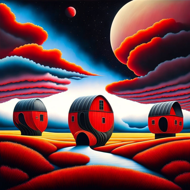 Surreal Landscape with Red Dwellings, Striped Fields, River, Planets, and